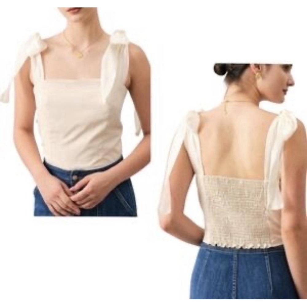 Women's Rihoas‎ Blouse Top Crop Size Small S Beige NWT Scrunch Tie Strings